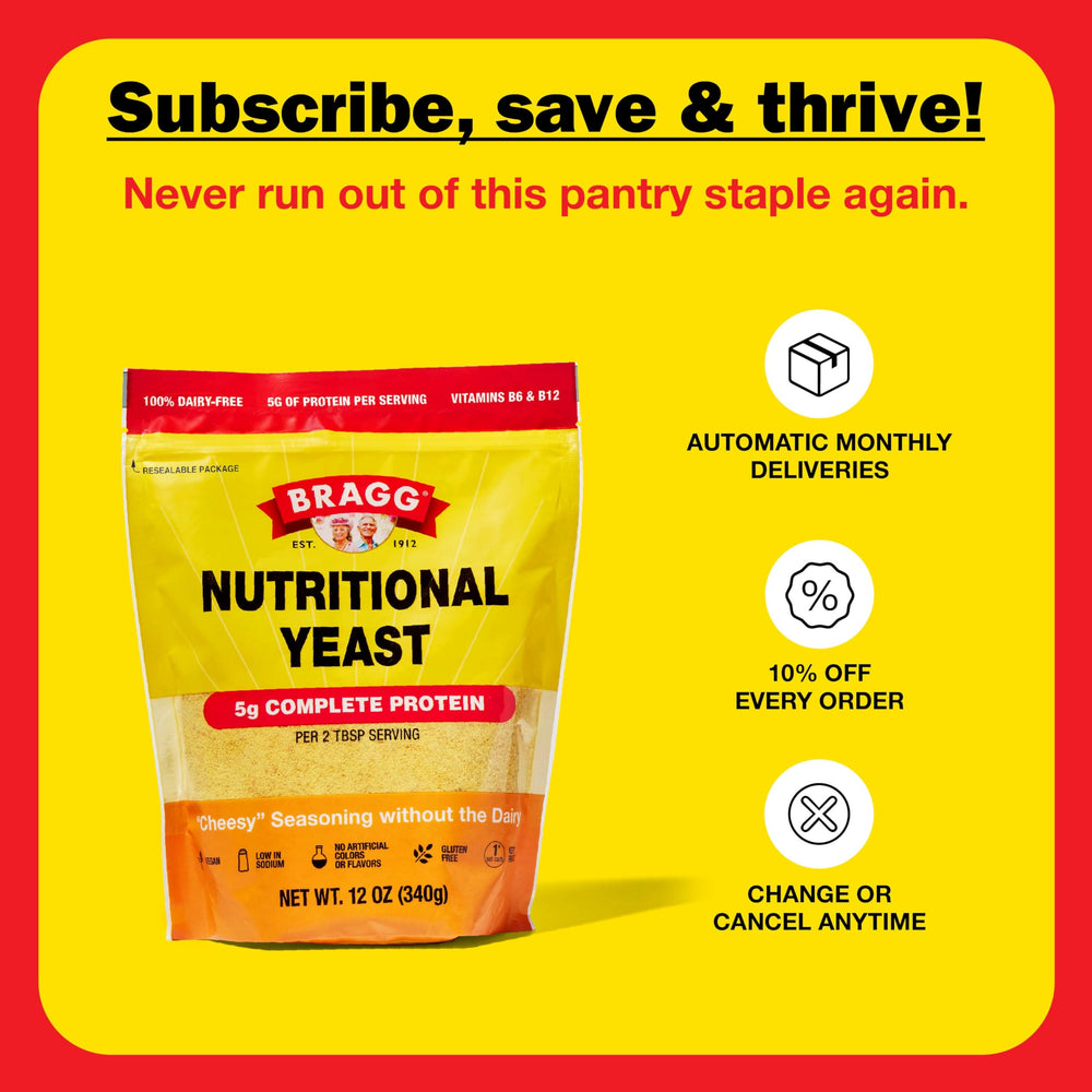 Bragg packaging highlights six B vitamins for metabolism and skin health.