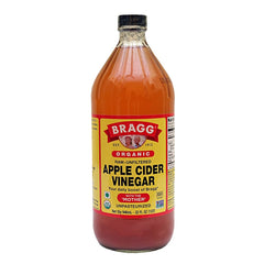 Bragg Organic Raw Apple Cider Vinegar bottle with Mother of Vinegar, ideal for dressings.
