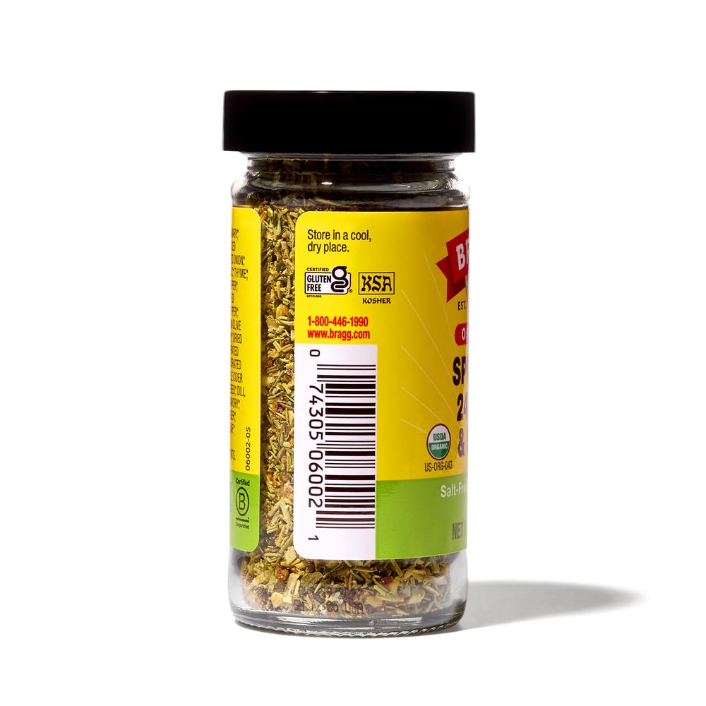 Bragg Organic Sprinkle Seasoning ingredients label highlights gluten-free organic herbs