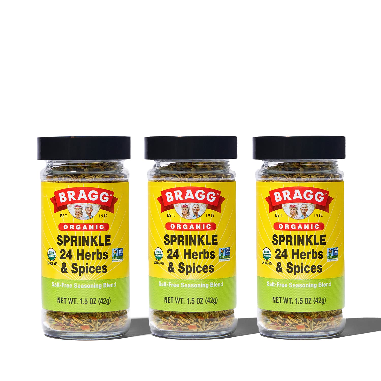 Bragg Sprinkle herb and spice seasoning jar on counter for easy flavor boost.