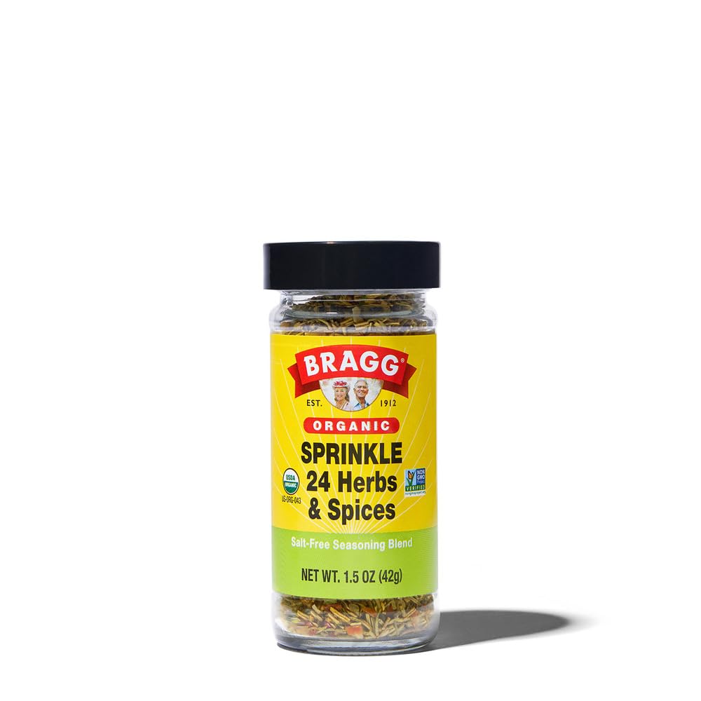 Bragg Sprinkle Seasoning jar front showing salt-free blend for versatile meals