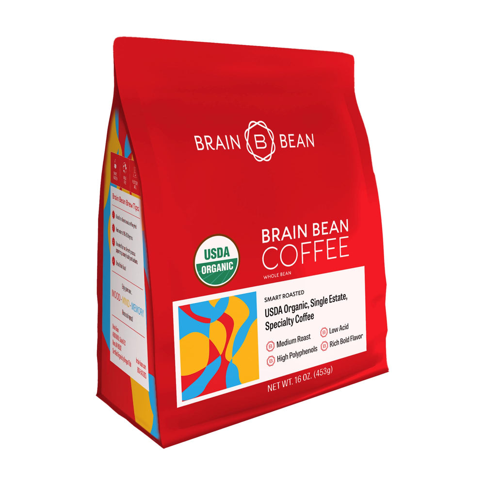 Brain Bean organic coffee whole-bean bag showcases premium quality and USDA certification.