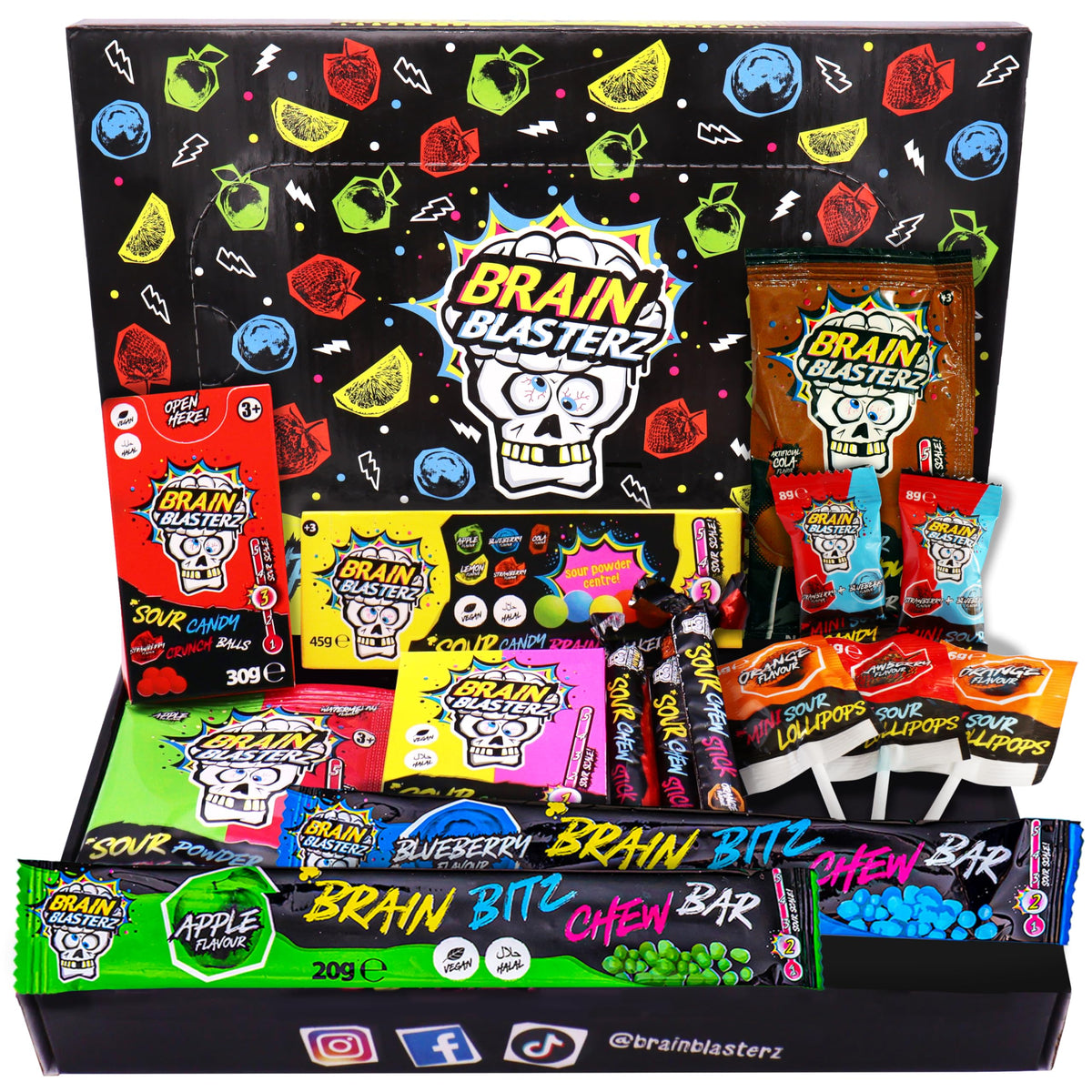 Brain Blasterz Christmas candy gift box front view, ideal for festive gifting.