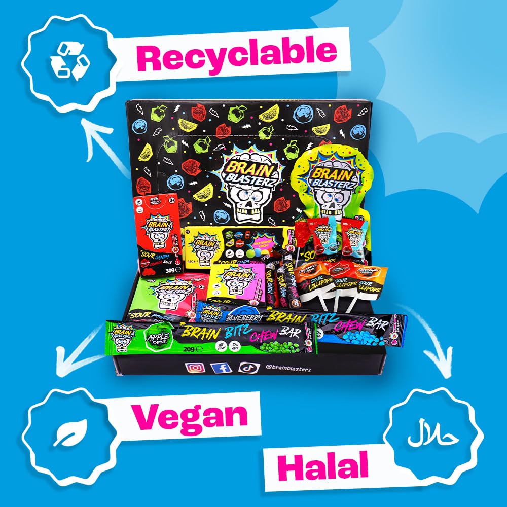 Brain Blasterz sour powder tub, tart crystals for bold flavor bursts.