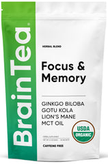 Brain Tea Focus & Memory tea bag ready for a calm, focused work session.