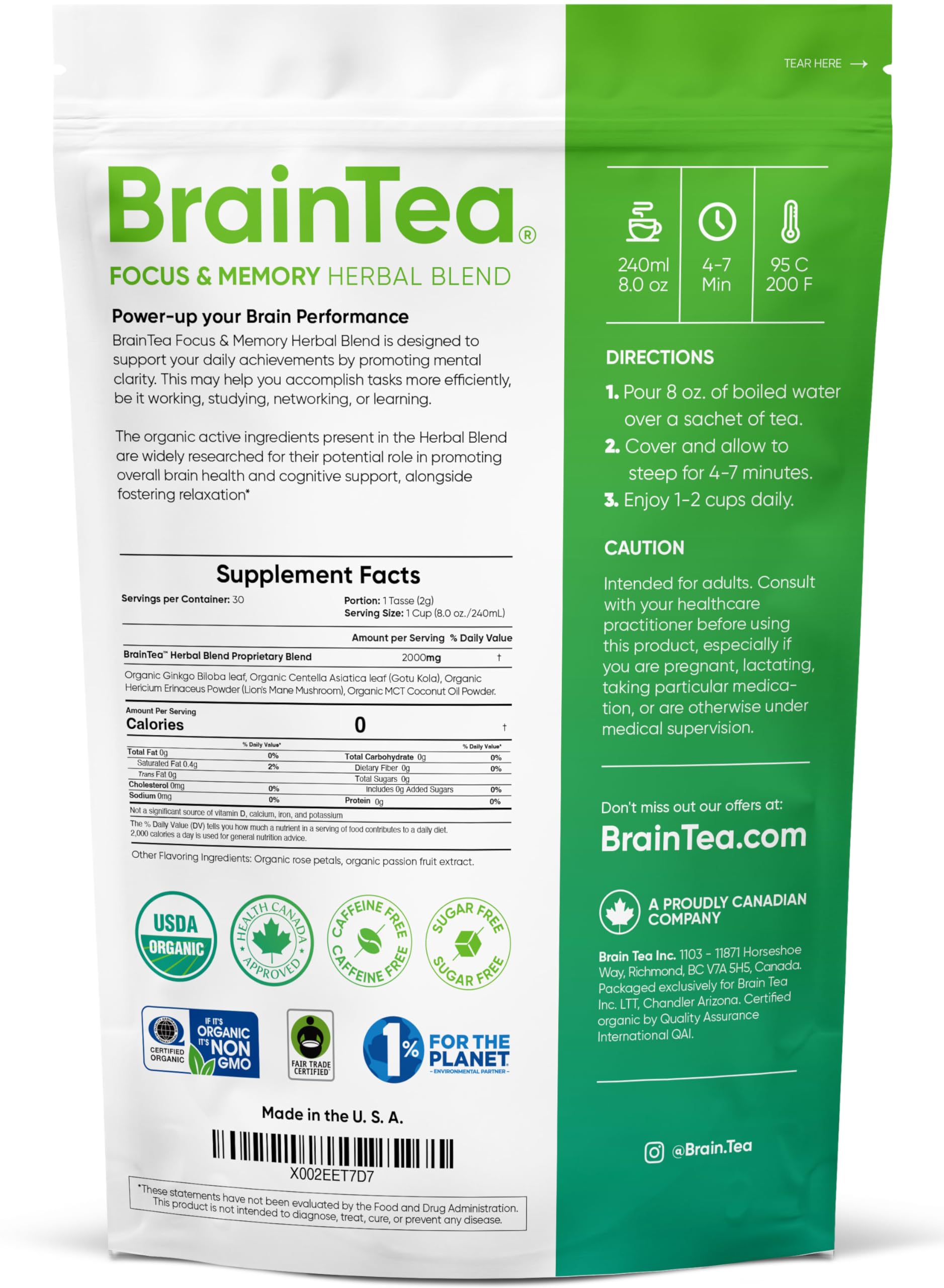 Brain Tea close-up of packaging showcases organic certification and premium quality.