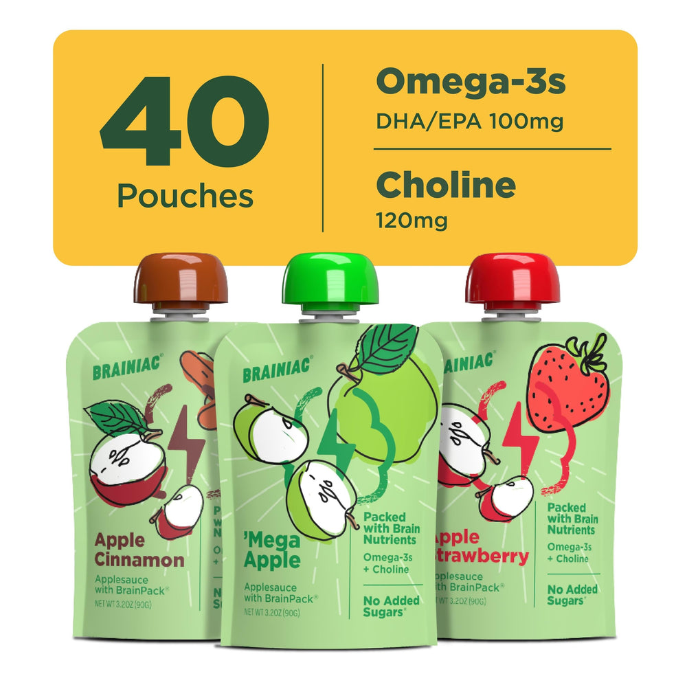Brainiac Applesauce nutrient icons highlighting omega-3 and choline