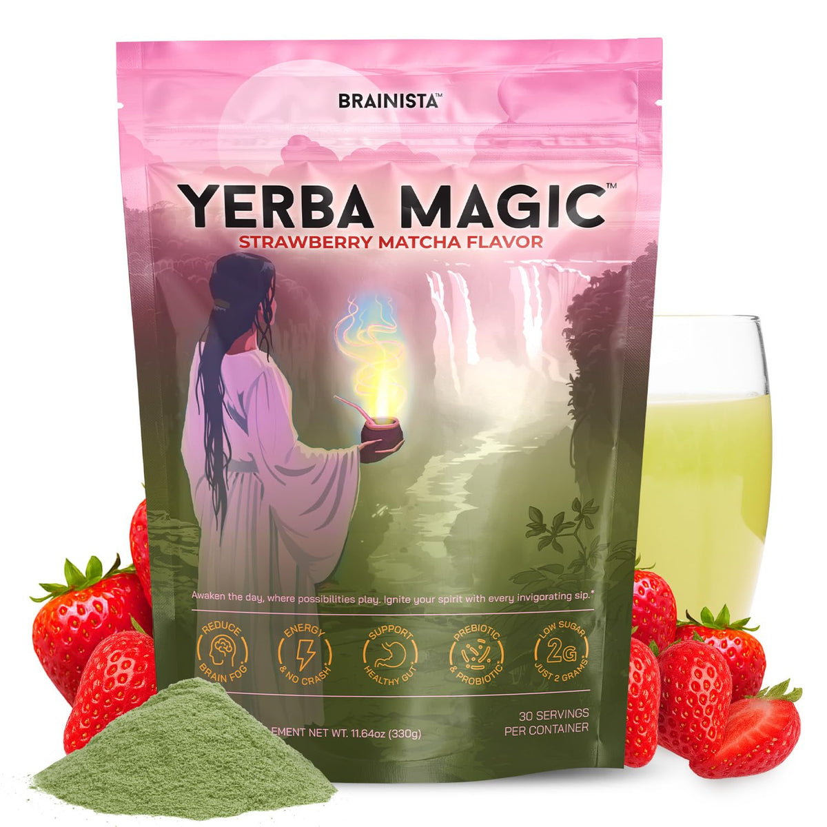 Brainista Yerba Magic bottle displaying strawberry matcha energy on the go