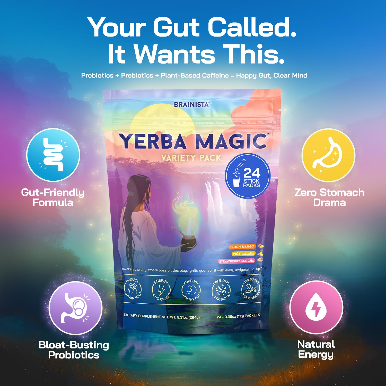 Brainista Yerba Magic glass showing mix for a smooth caffeine boost.