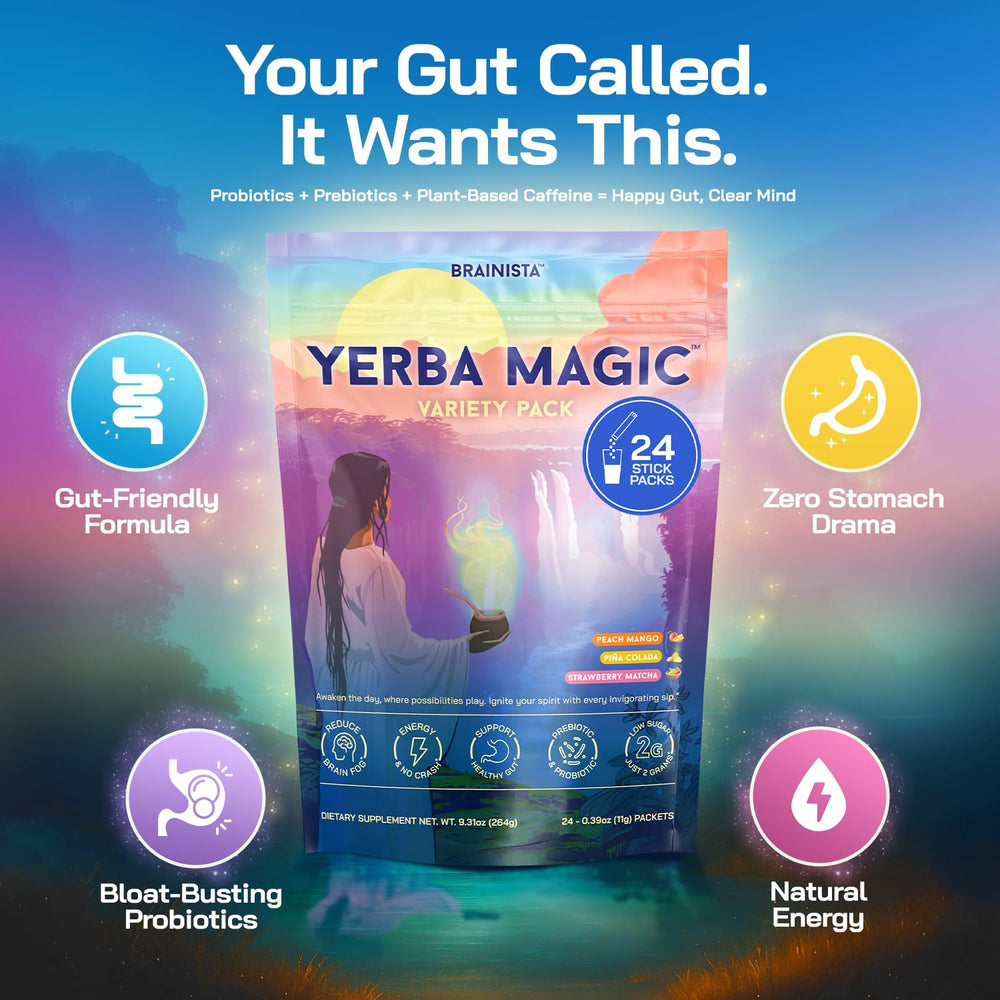 Brainista Yerba Magic glass showing mix for a smooth caffeine boost.