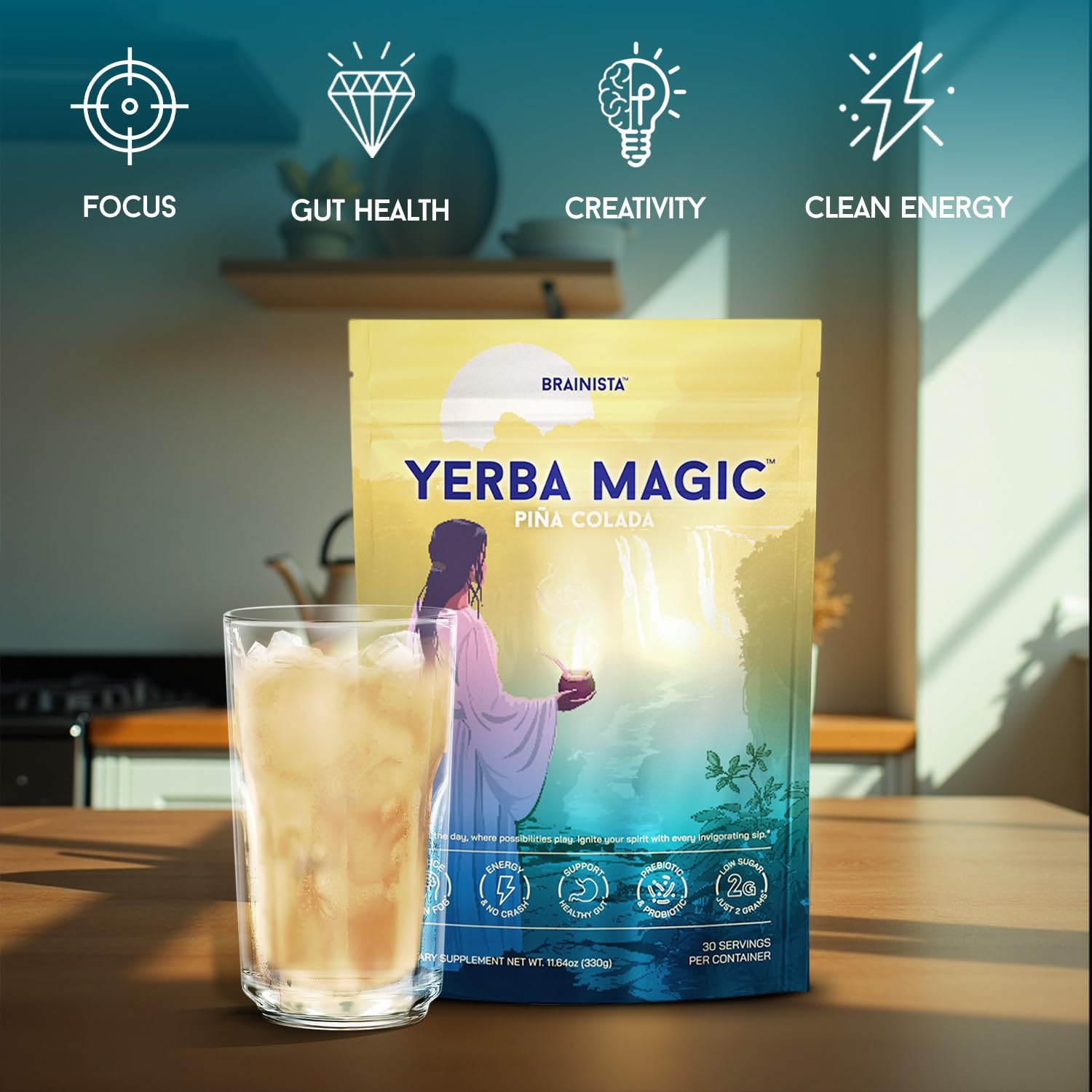 Brainista Yerba Magic gut health support with prebiotics and probiotics for balanced digestion.