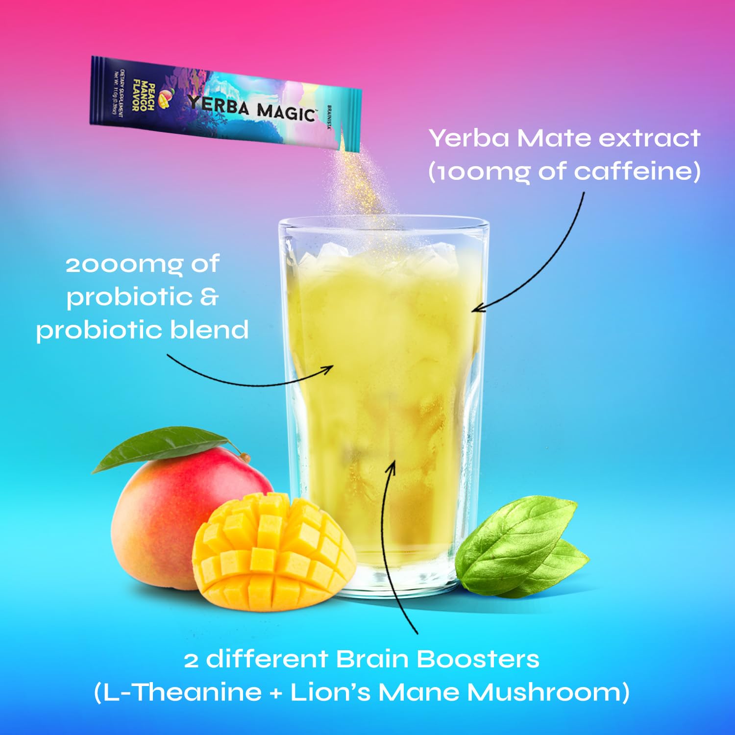 Brainista Yerba Magic ingredients chart highlighting gut-friendly blend.
