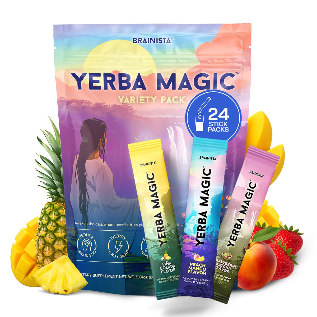 Brainista Yerba Magic peach mango stick fuels focused daytime energy.