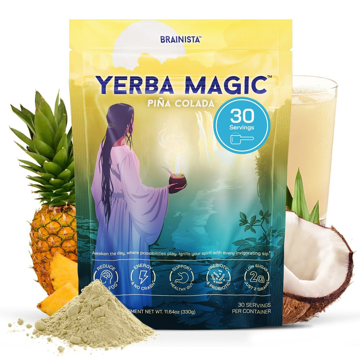 Brainista Yerba Magic pina colada powder, tropical flavor for convenient, energizing hydration.