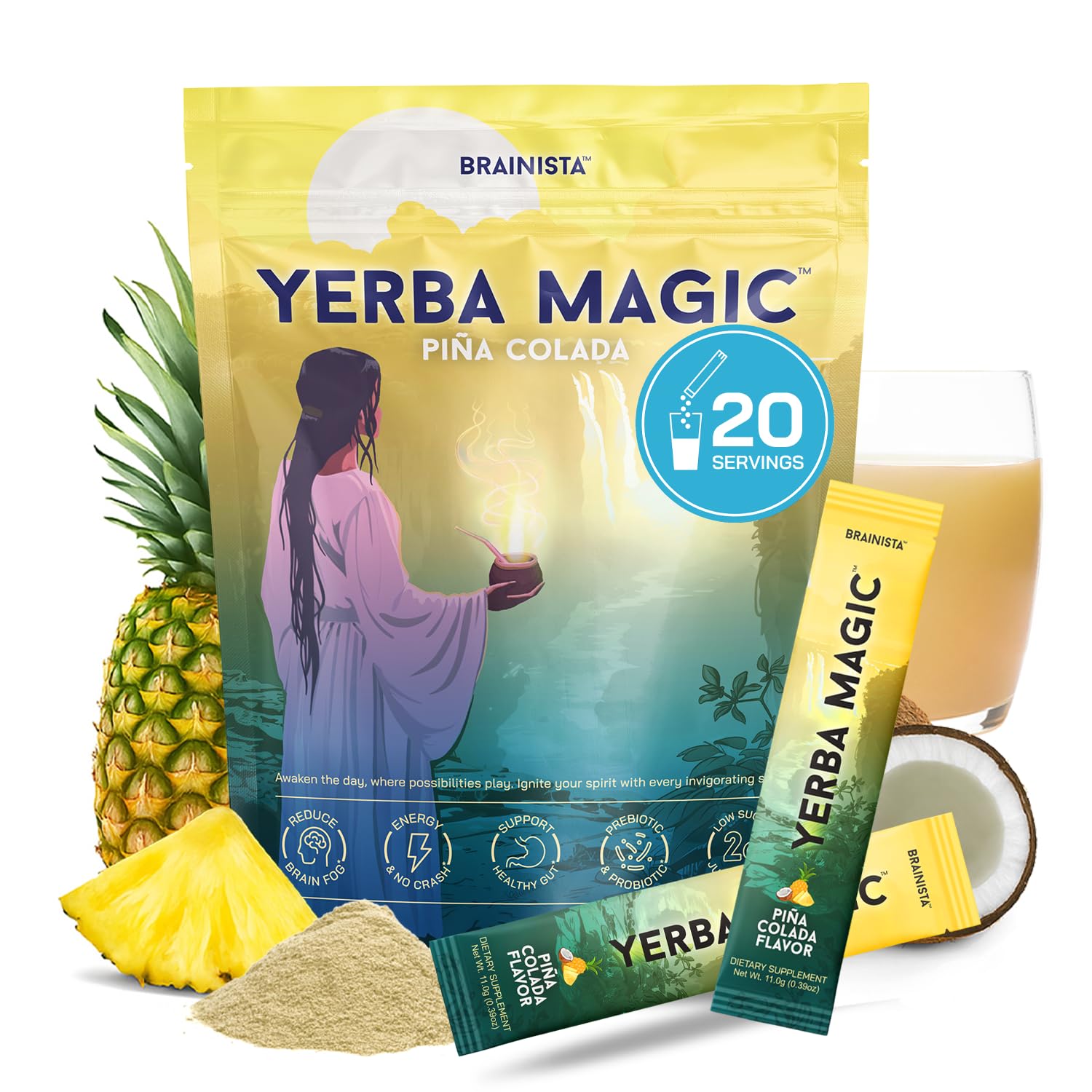 Brainista Yerba Magic pina colada stick packet boosts clean energy on the go