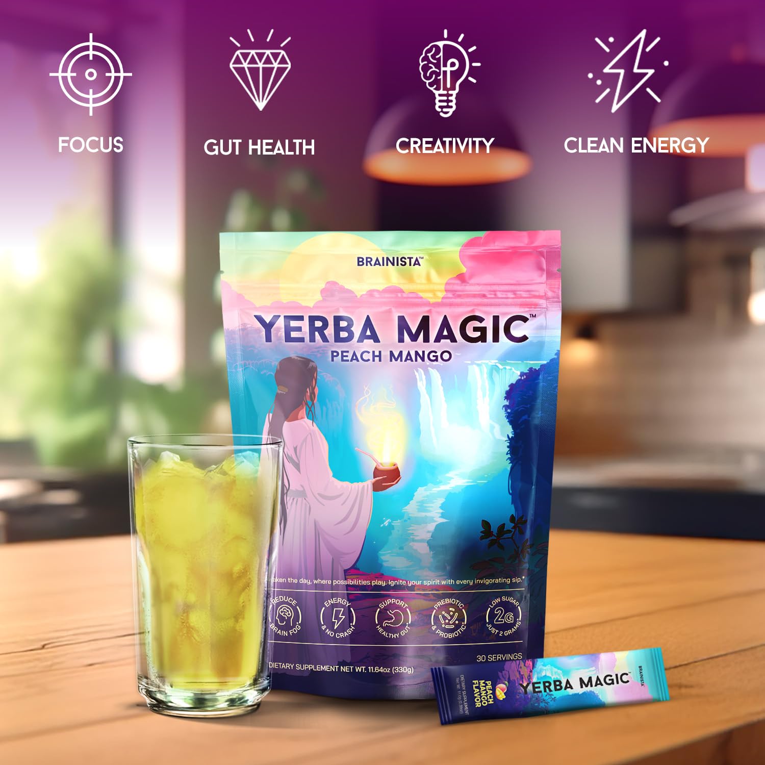 Brainista Yerba Magic tea powder being poured into water.