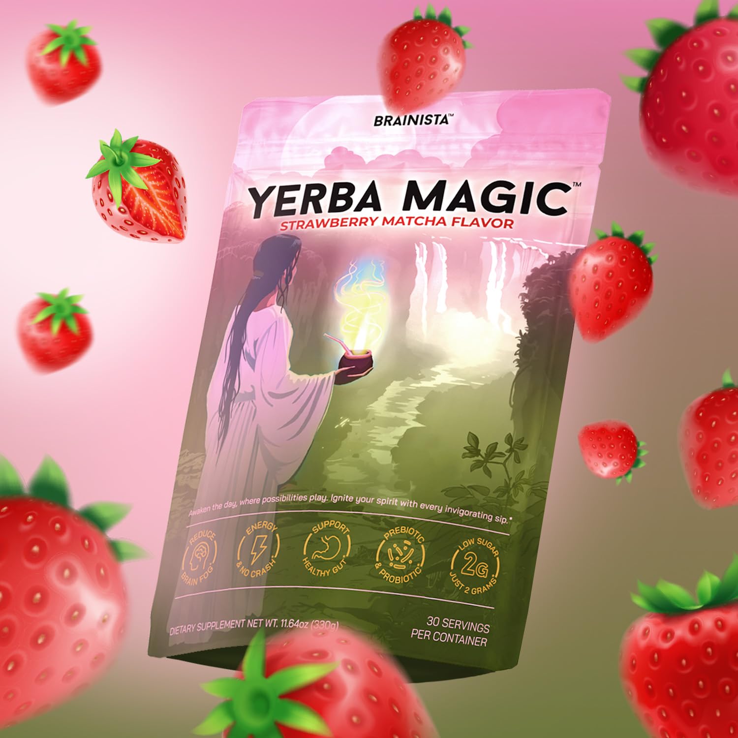 Brainista Yerba Magic strawberry matcha label highlights flavor and readiness