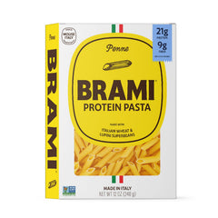 BRAMI 8-pack penne pasta box highlighting protein-packed pasta.