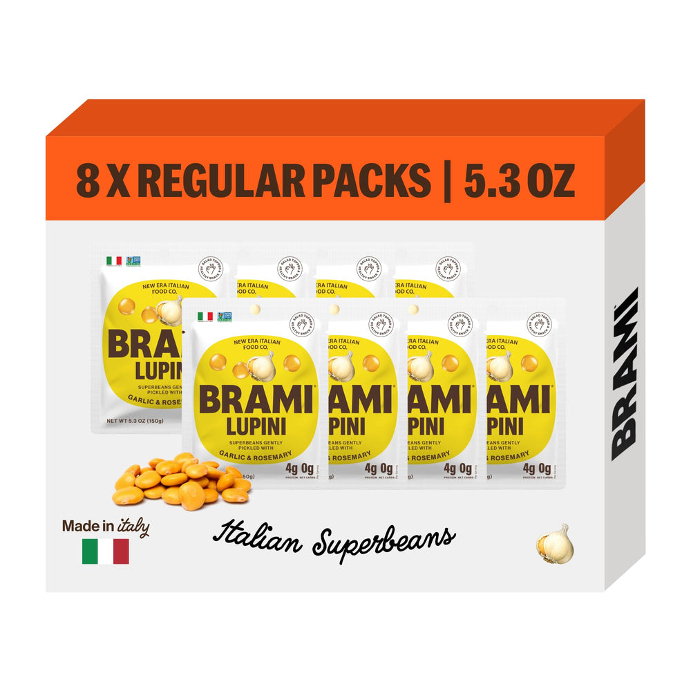 BRAMI Garlic & Rosemary lupini snack packaging shot highlighting high-protein plant-based snack