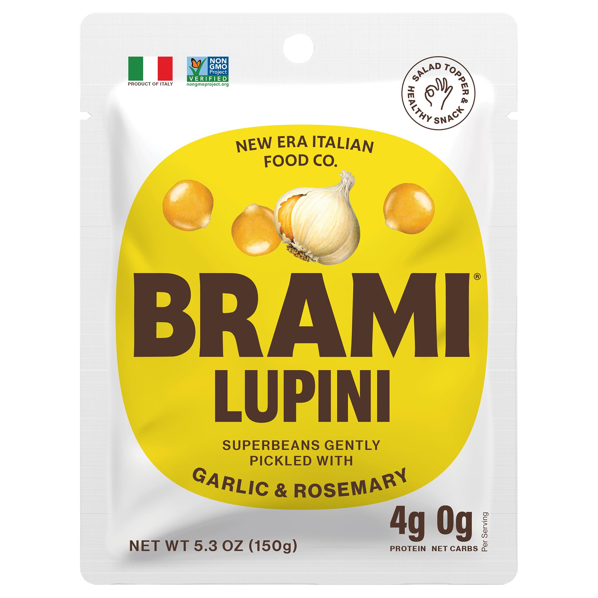BRAMI Lupini Beans Snack garlic rosemary in bag, ready to enjoy.