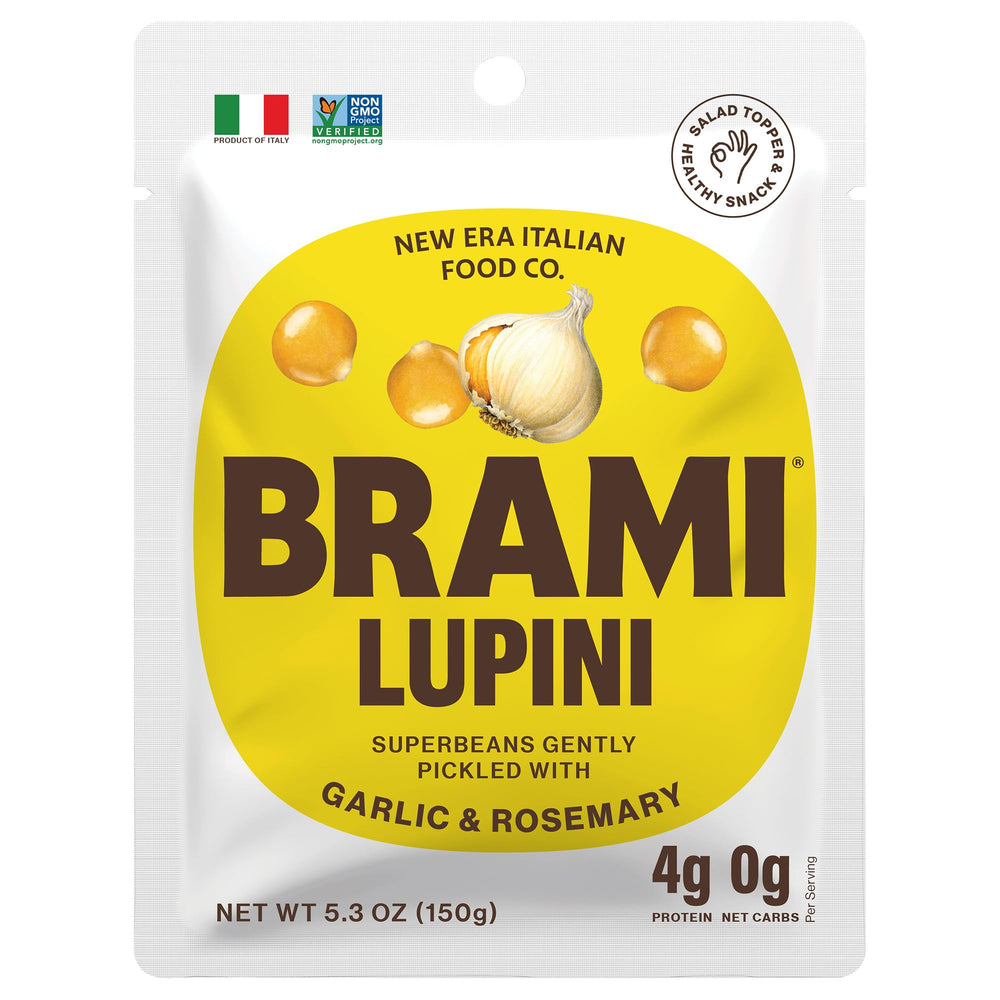 BRAMI Lupini Beans Snack garlic rosemary in bag, ready to enjoy.