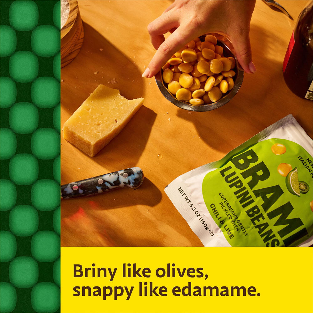 BRAMI Lupini Snack nutrition facts detailing 7 g protein and 0 g net carbs.