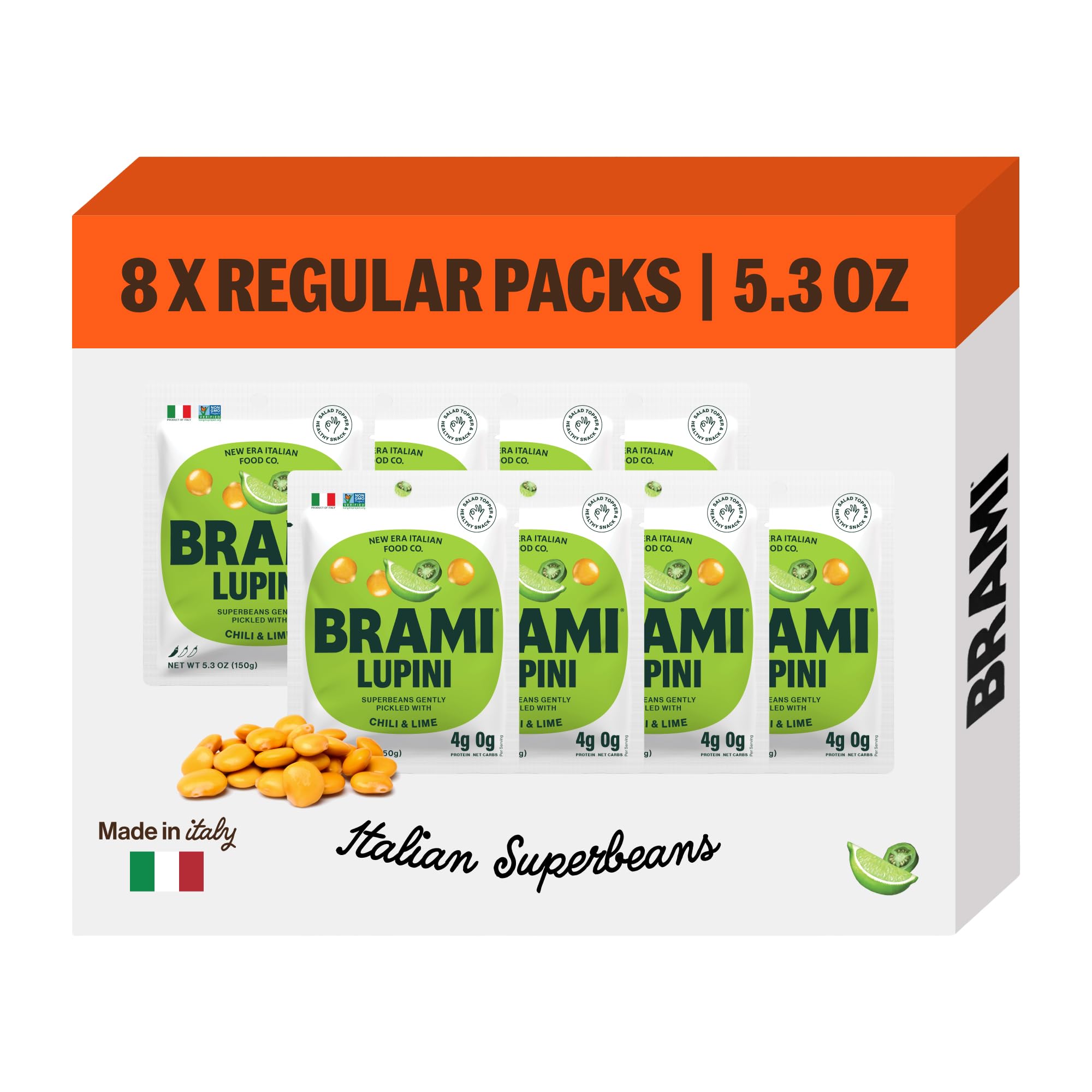 BRAMI Lupini Beans Snack pack shot with chili lime flavor for convenient protein