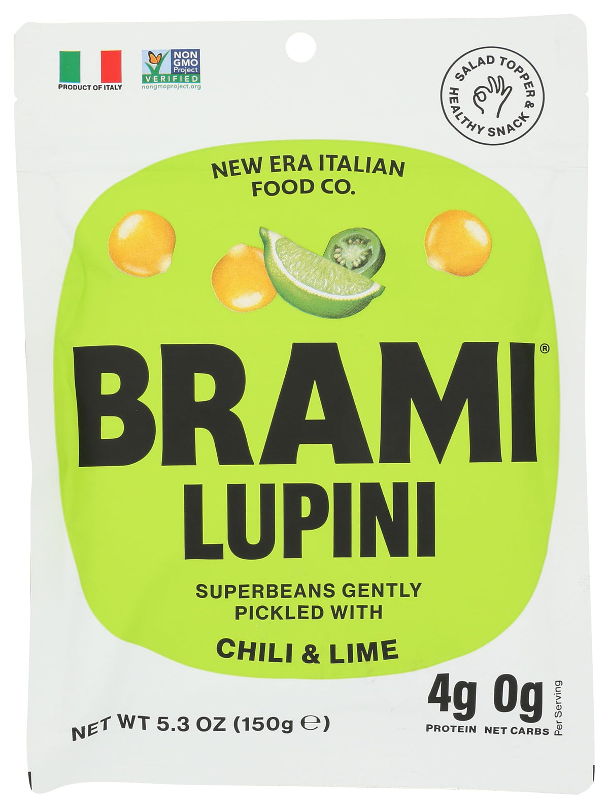 BRAMI Lupini Beans Snack chili lime pack shot highlighting convenient, flavorful protein.