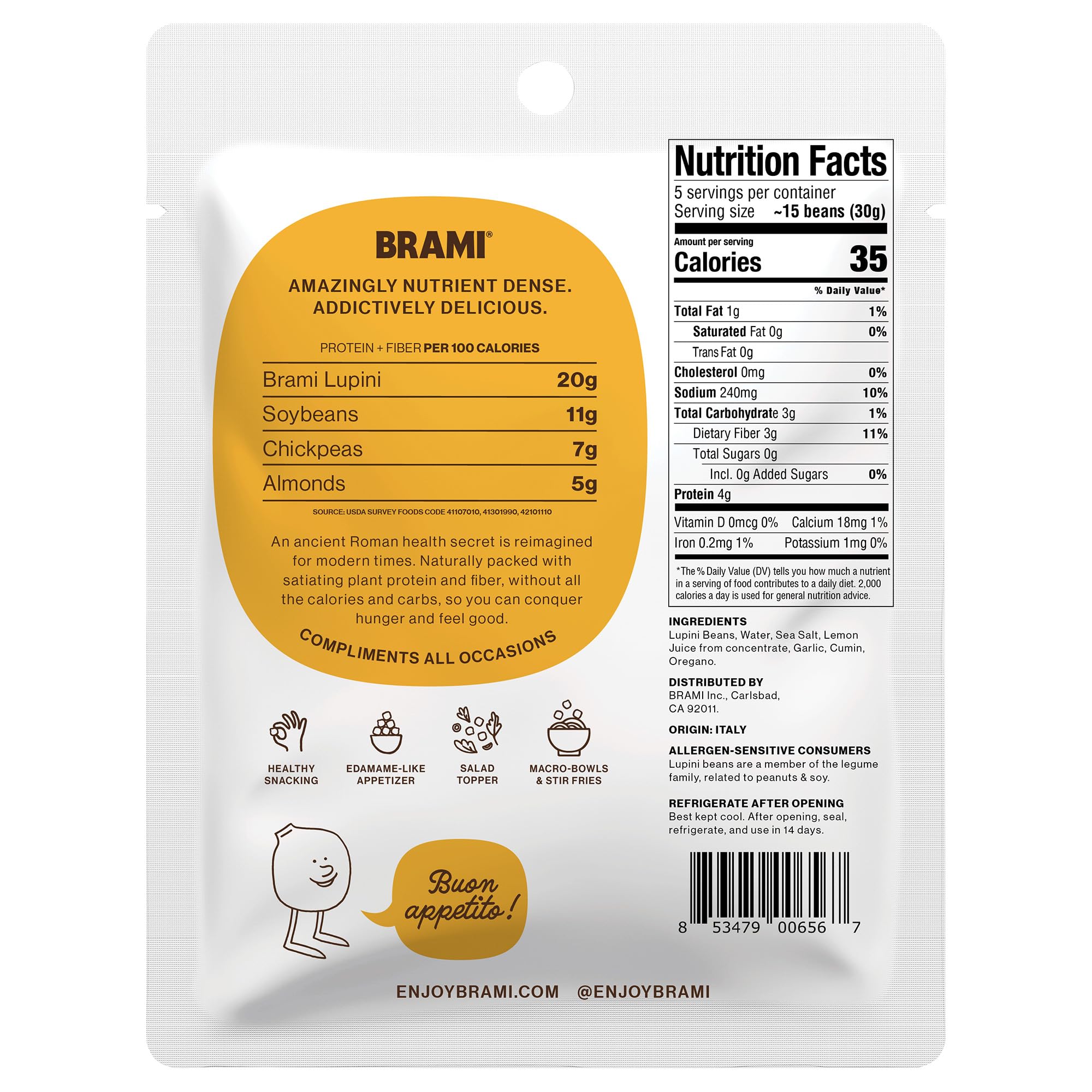 BRAMI Lupini Snack Mediterranean Medley bowl ideal for on-the-go snacking.