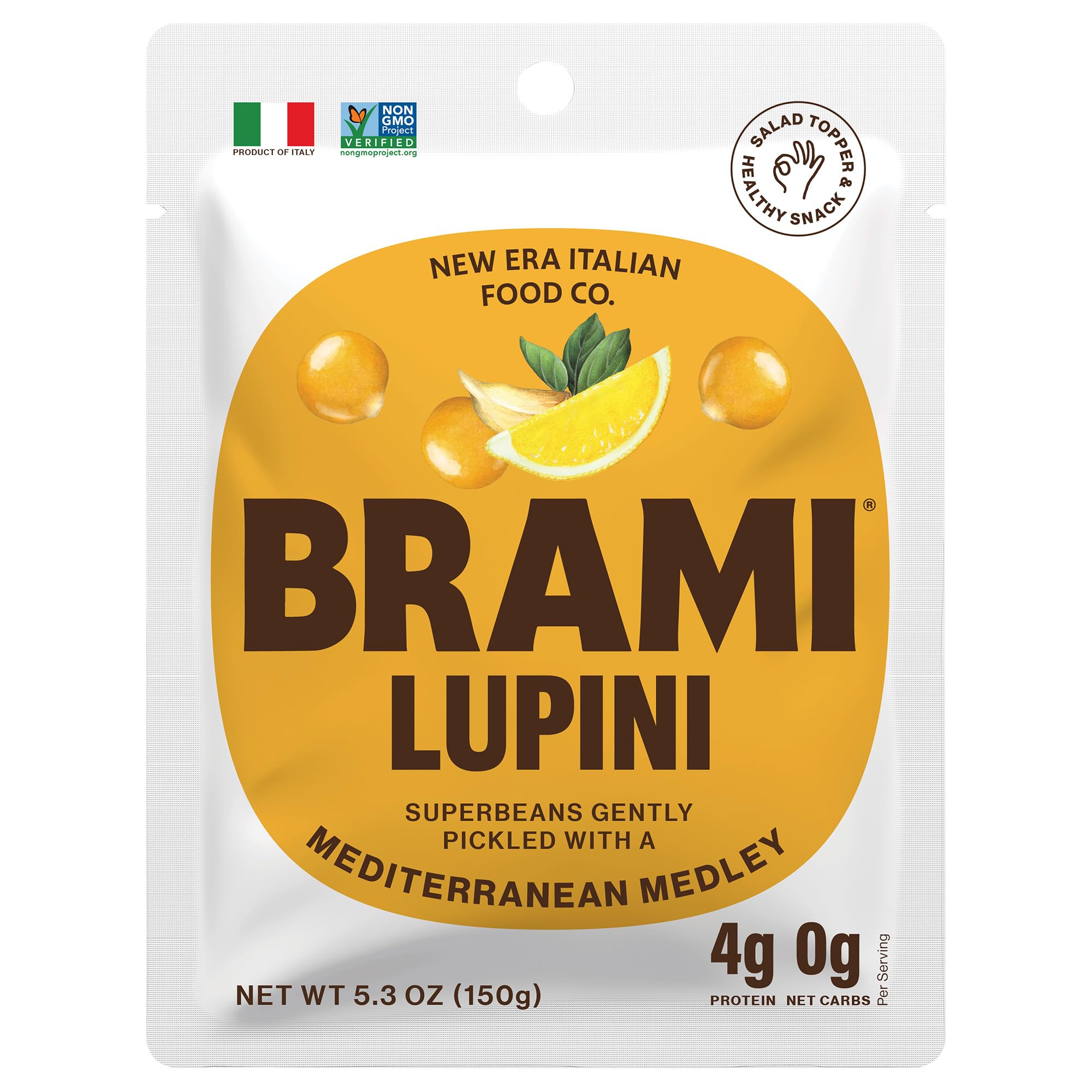BRAMI Lupini Snack Mediterranean Medley pack with protein-rich bites.