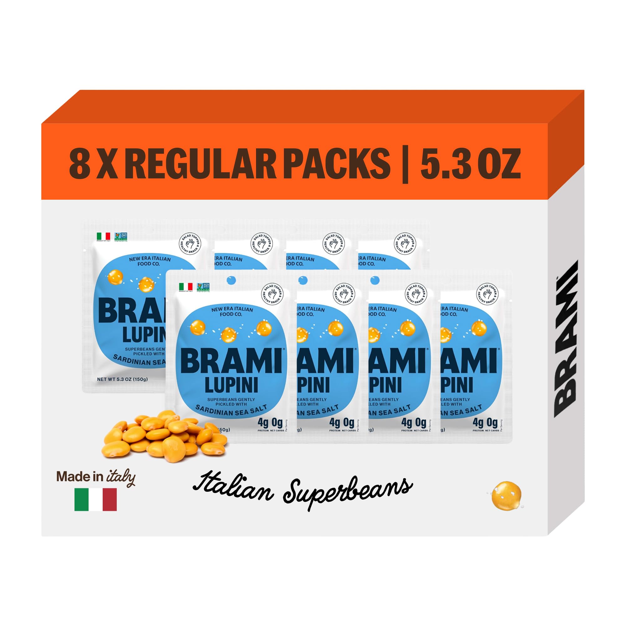 BRAMI Lupini Snack in Sardinian Sea Salt and Vinegar, protein-rich bite.