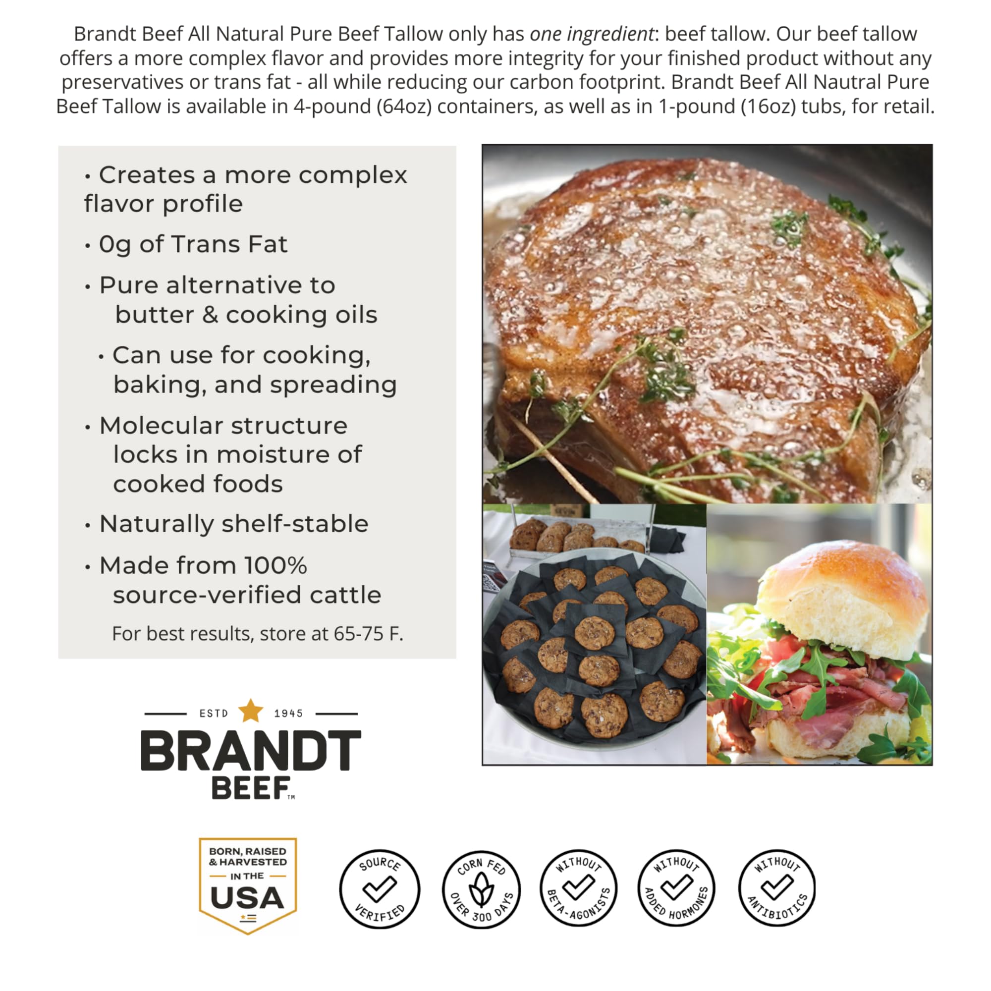 Brandt Beef Tallow offers a neutral flavor versatile for keto and paleo cooking.