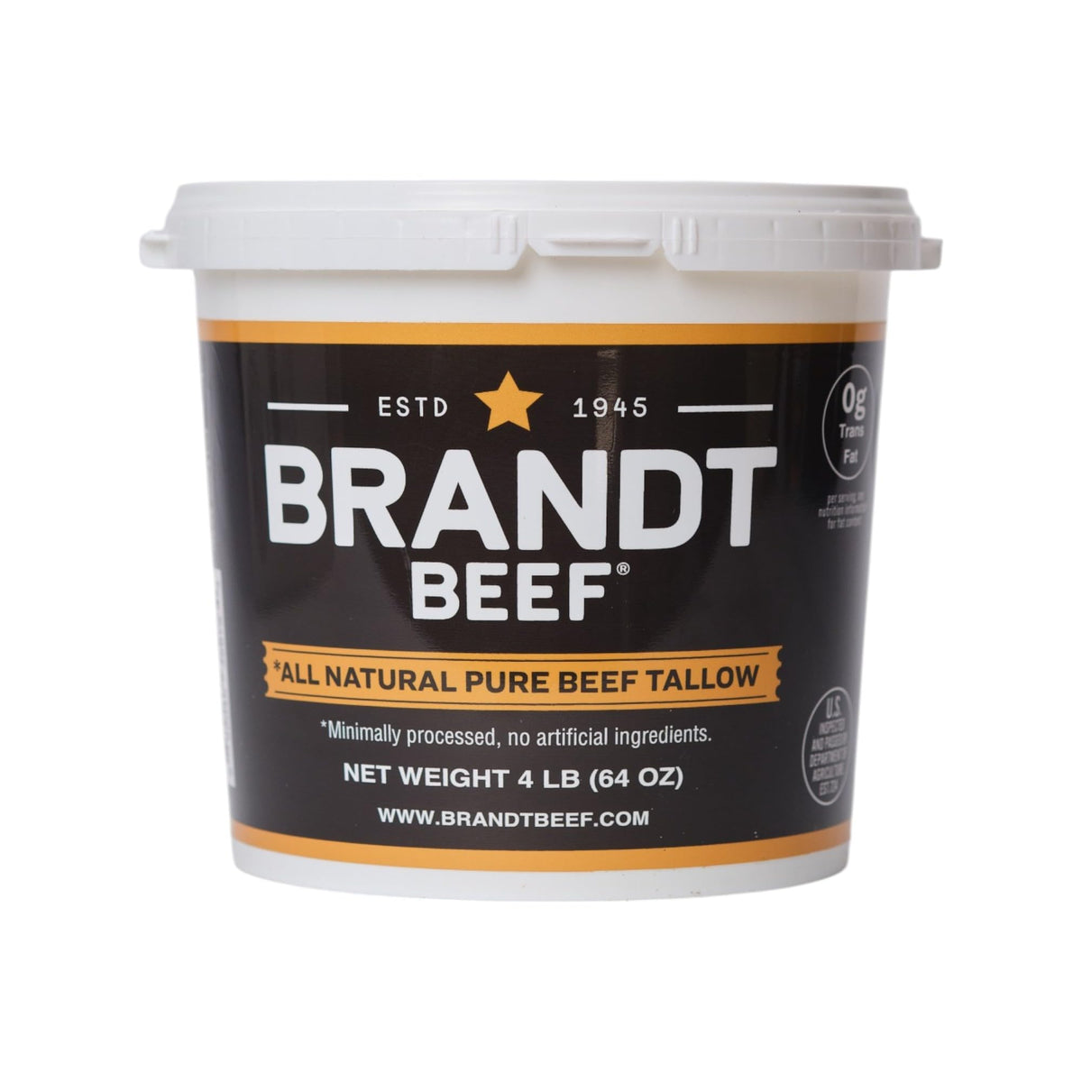 Brandt Beef Tallow tub closeup showing 100% pure fat for cooking.