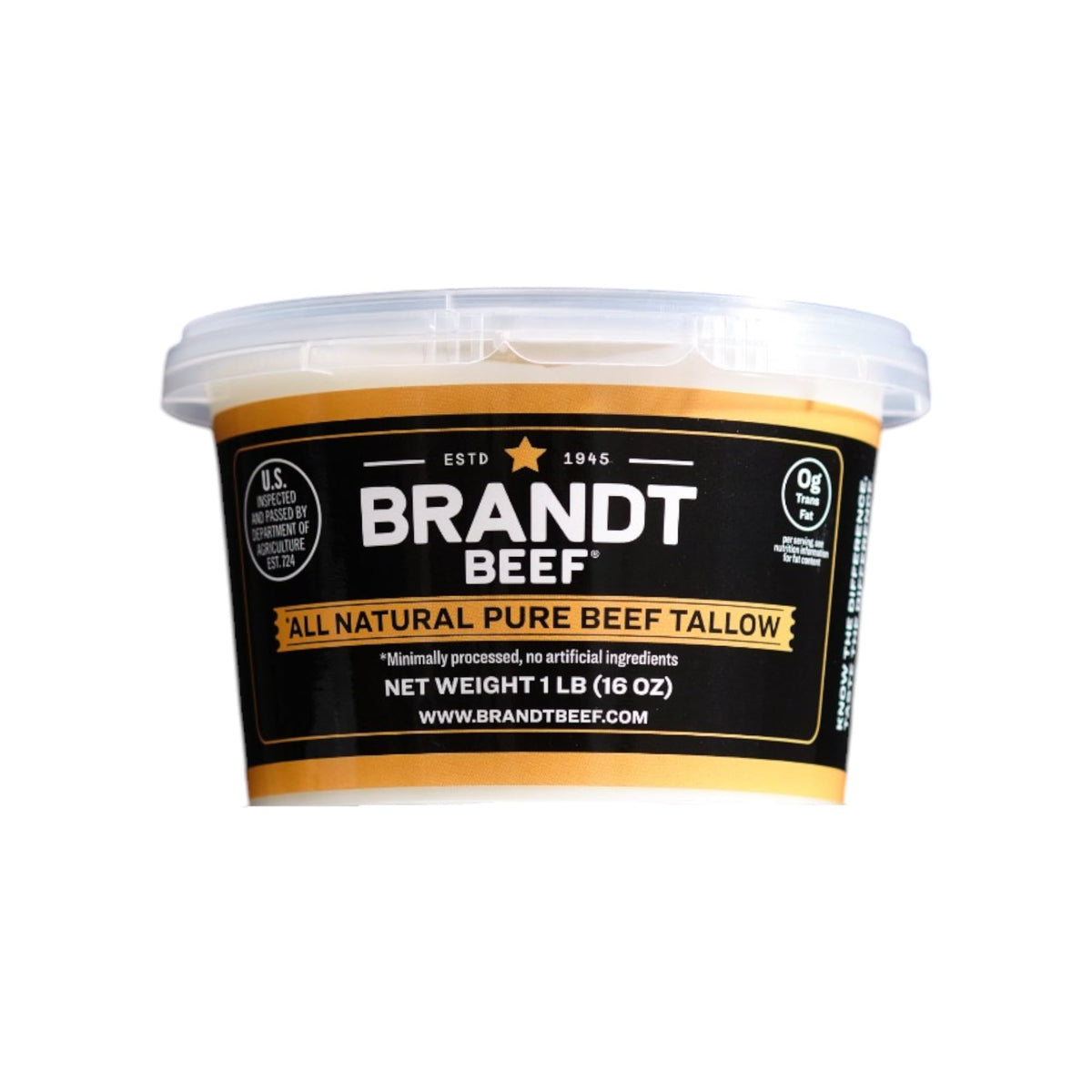 Brandt Beef Tallow tub-front shows pure rendering ready for high-heat cooking.