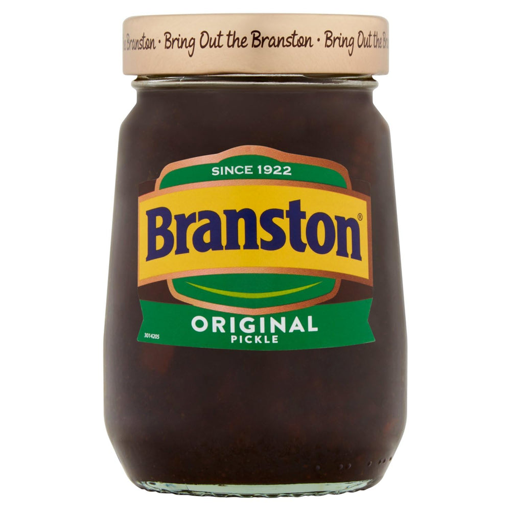 Branston Original Pickle 360g pack front view, ideal for sandwich enhancement.