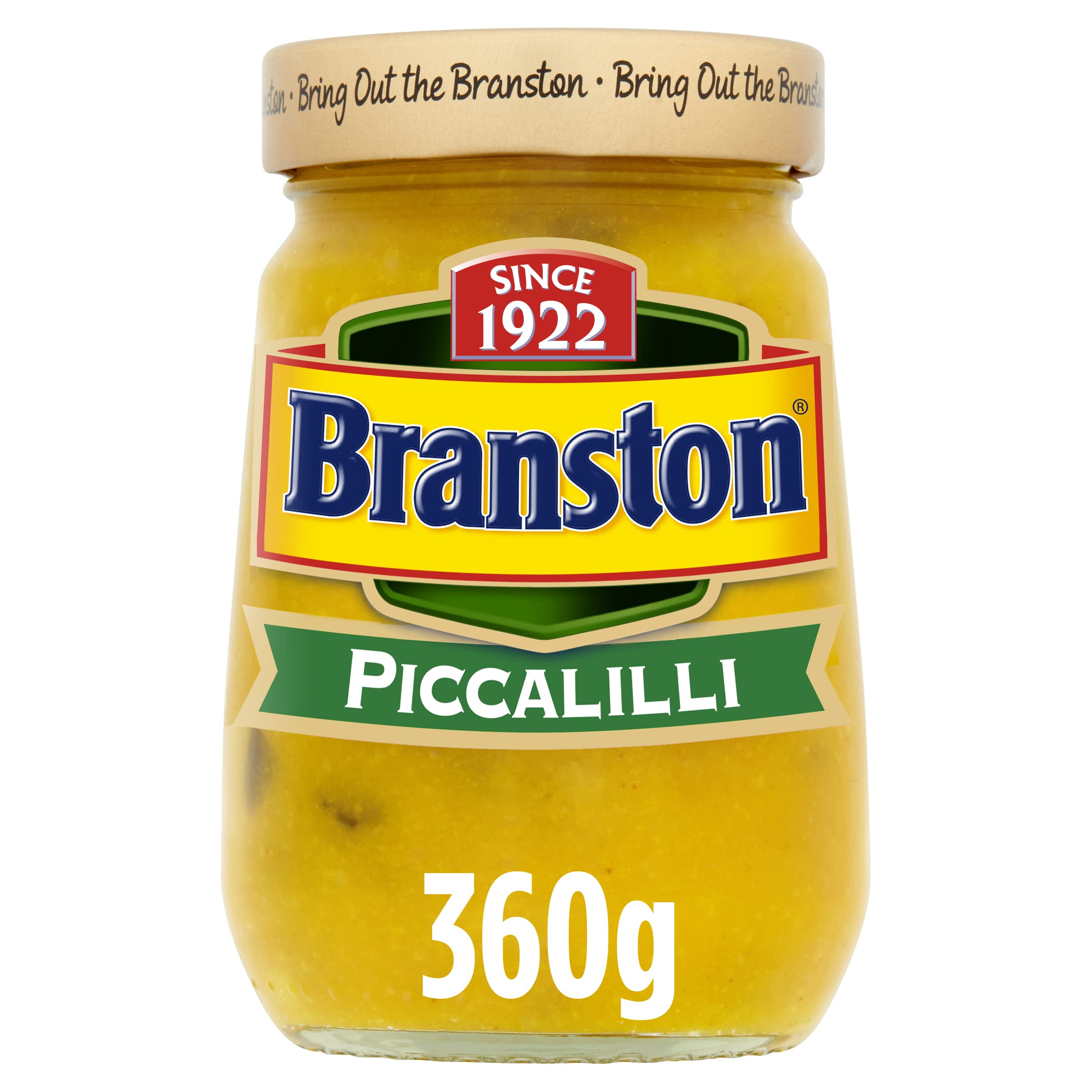 Branston Piccalilli 360g jar on kitchen counter, tangy crunch ready to elevate meals.