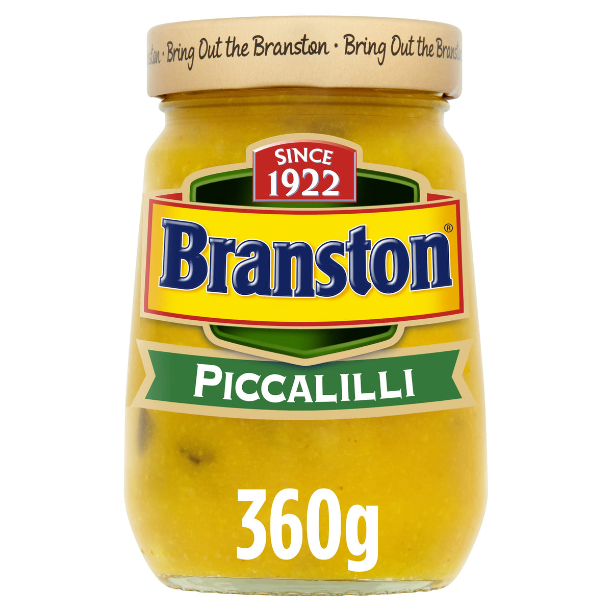 Branston Piccalilli 360g jar on kitchen counter, tangy crunch ready to elevate meals.
