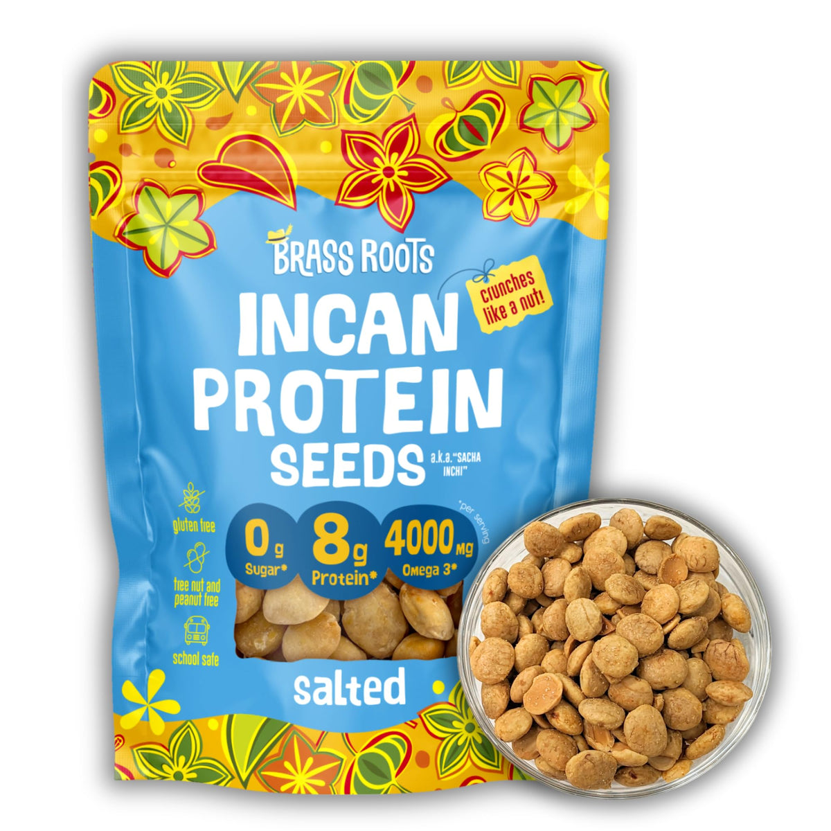 Brass Roots Incan protein seeds salted front of package showing brand and snack appeal.