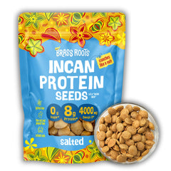 Brass Roots Incan protein seeds salted front of package showing brand and snack appeal.