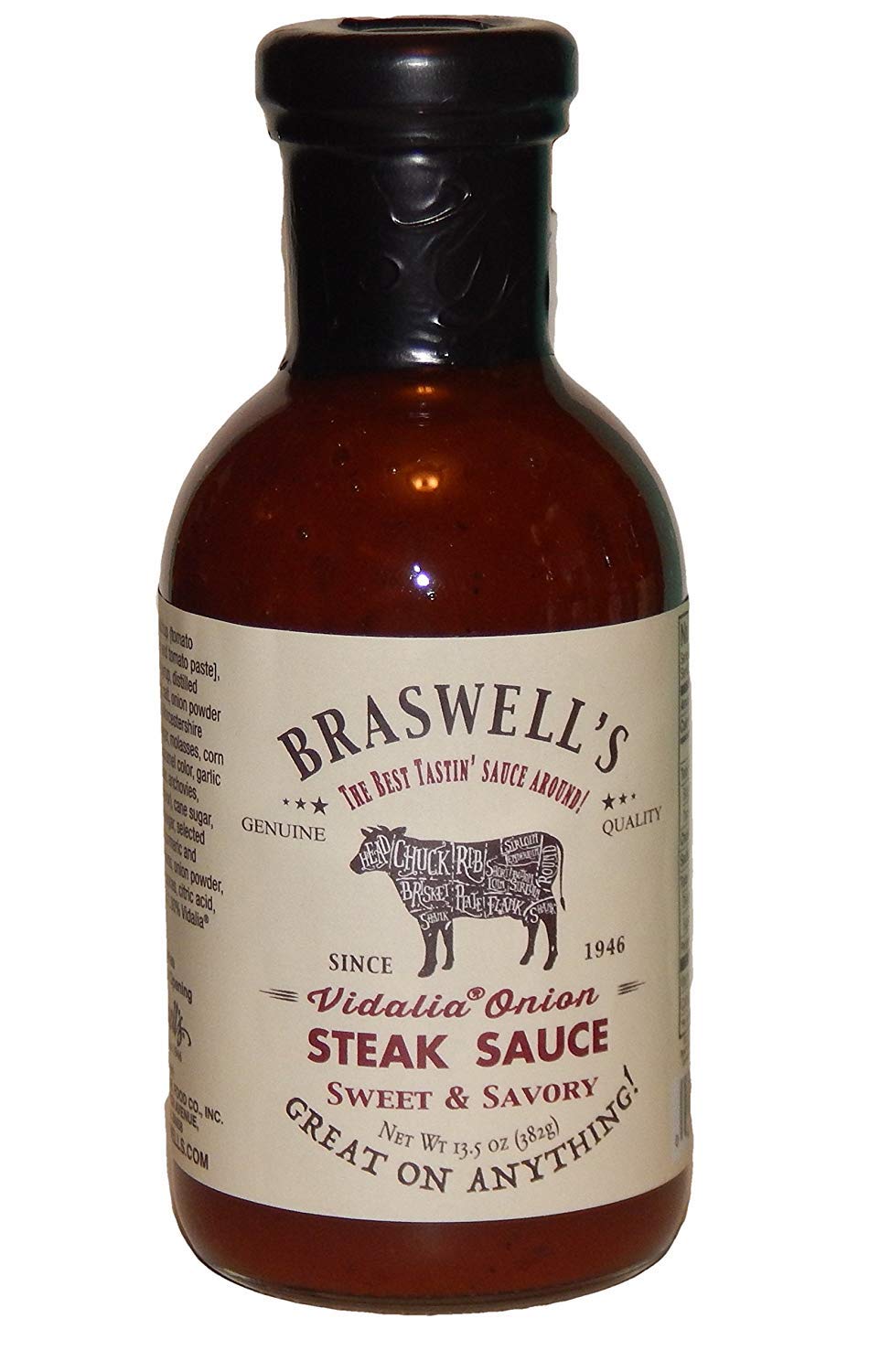 Braswell's Vidalia Onion Steak Sauce bottle pour highlights sweet-savory flavor for steak
