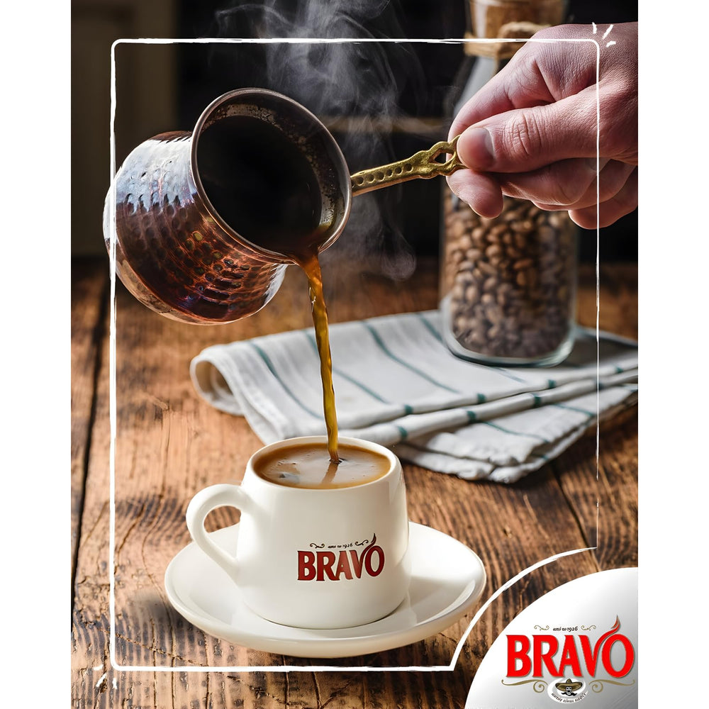 Bravo Classic Greek Coffee brewed cup steaming, delivering bold character for daily rituals.