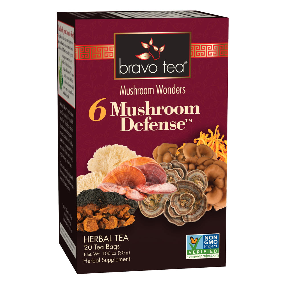 Bravo Teas 6Mushroom Dfns pack shot highlighting premium pantry tea for cooking