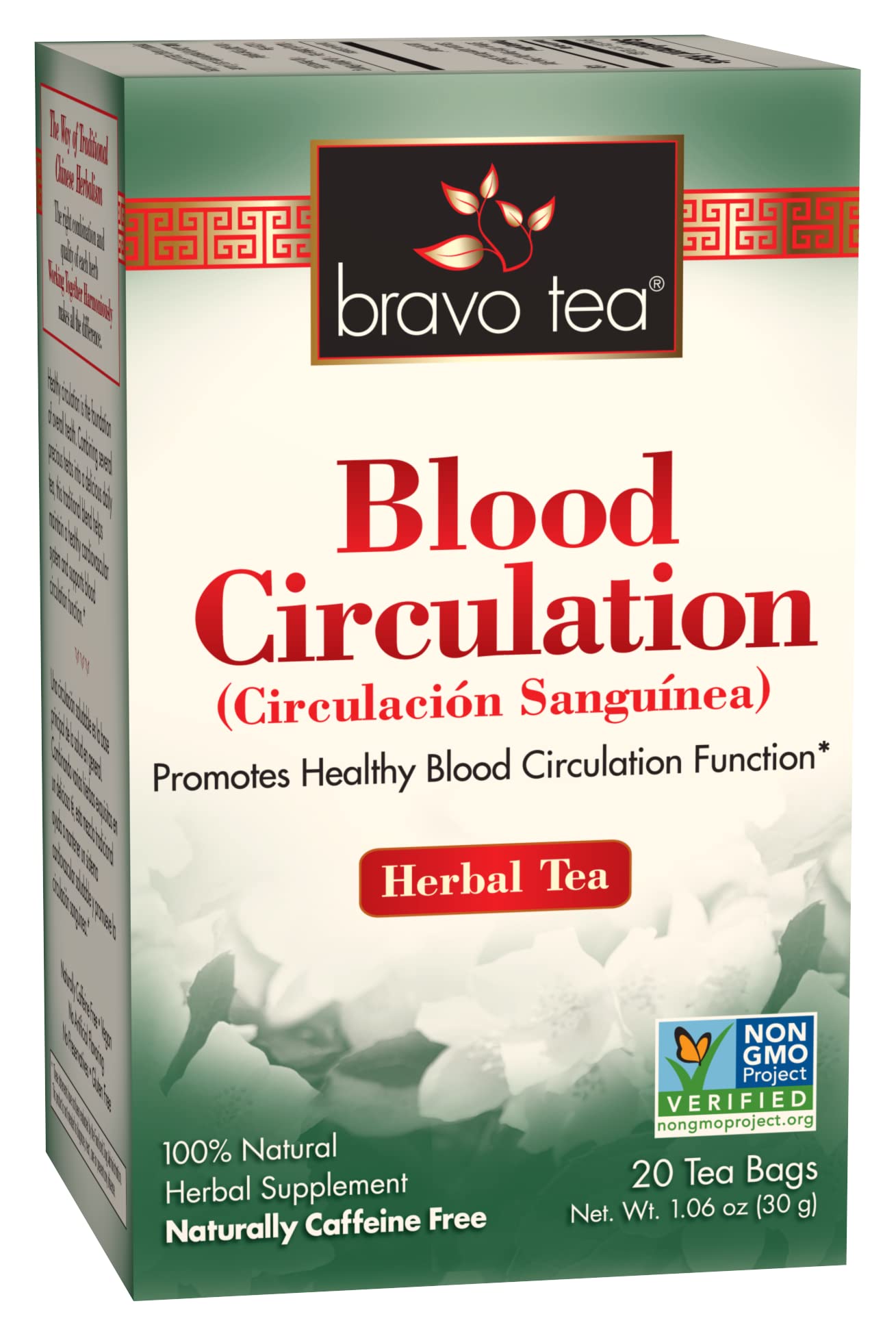 Bravo Tea Blood Circulation Tea box featuring caffeine-free blend for daily wellness.