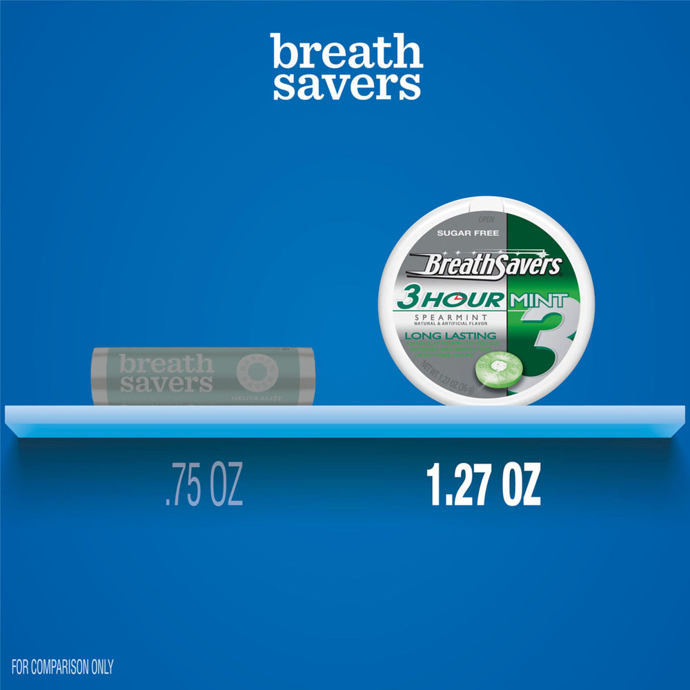 Breath Savers 3-hour freshness promotes prolonged confidence between sips and meals.