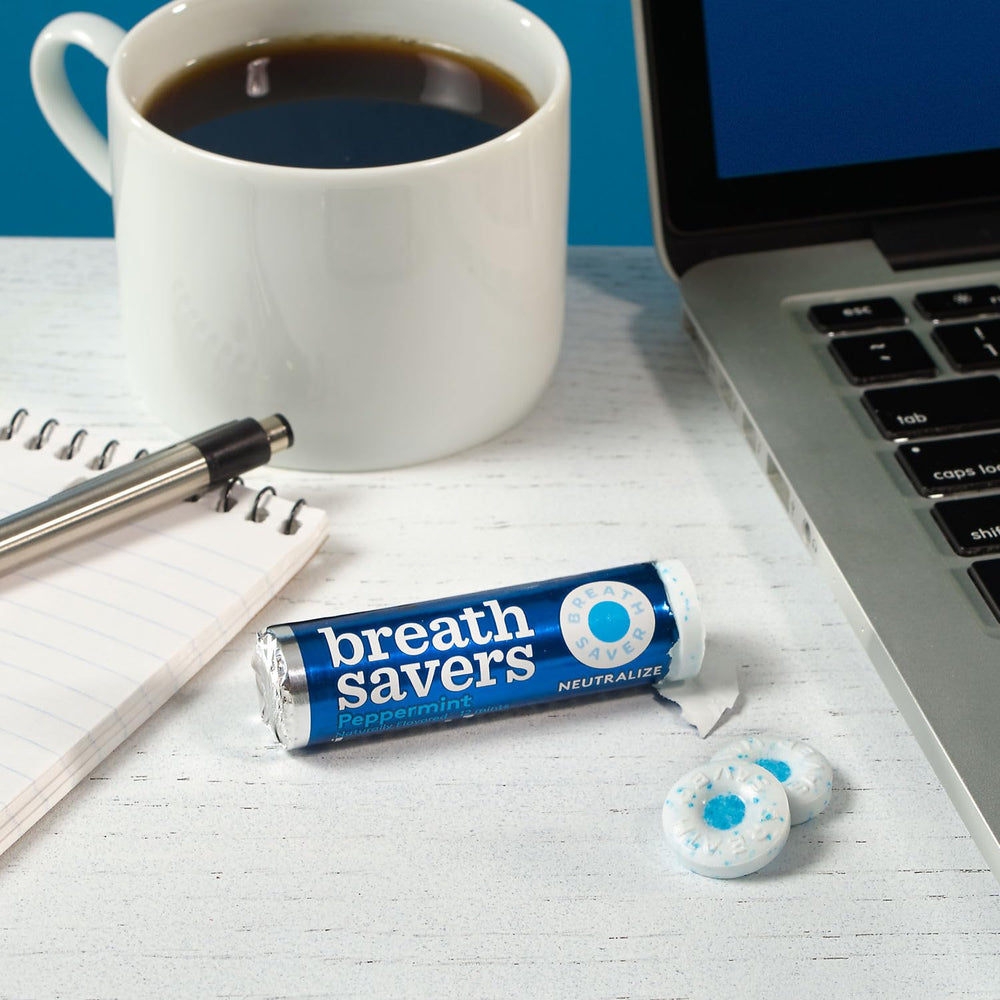 Breath Savers peppermint mints after coffee, cooling lift for breath.