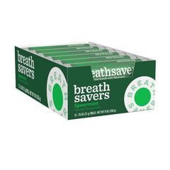 Close-up of Breath Savers Spearmint mint highlights cooling, sugar-free freshness.