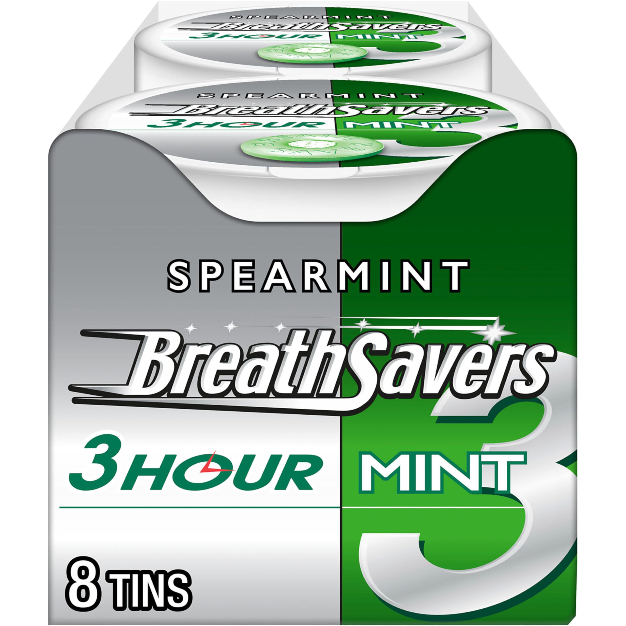 Breath Savers spearmint tins closeup showing refreshing mint flavor and compact portability.