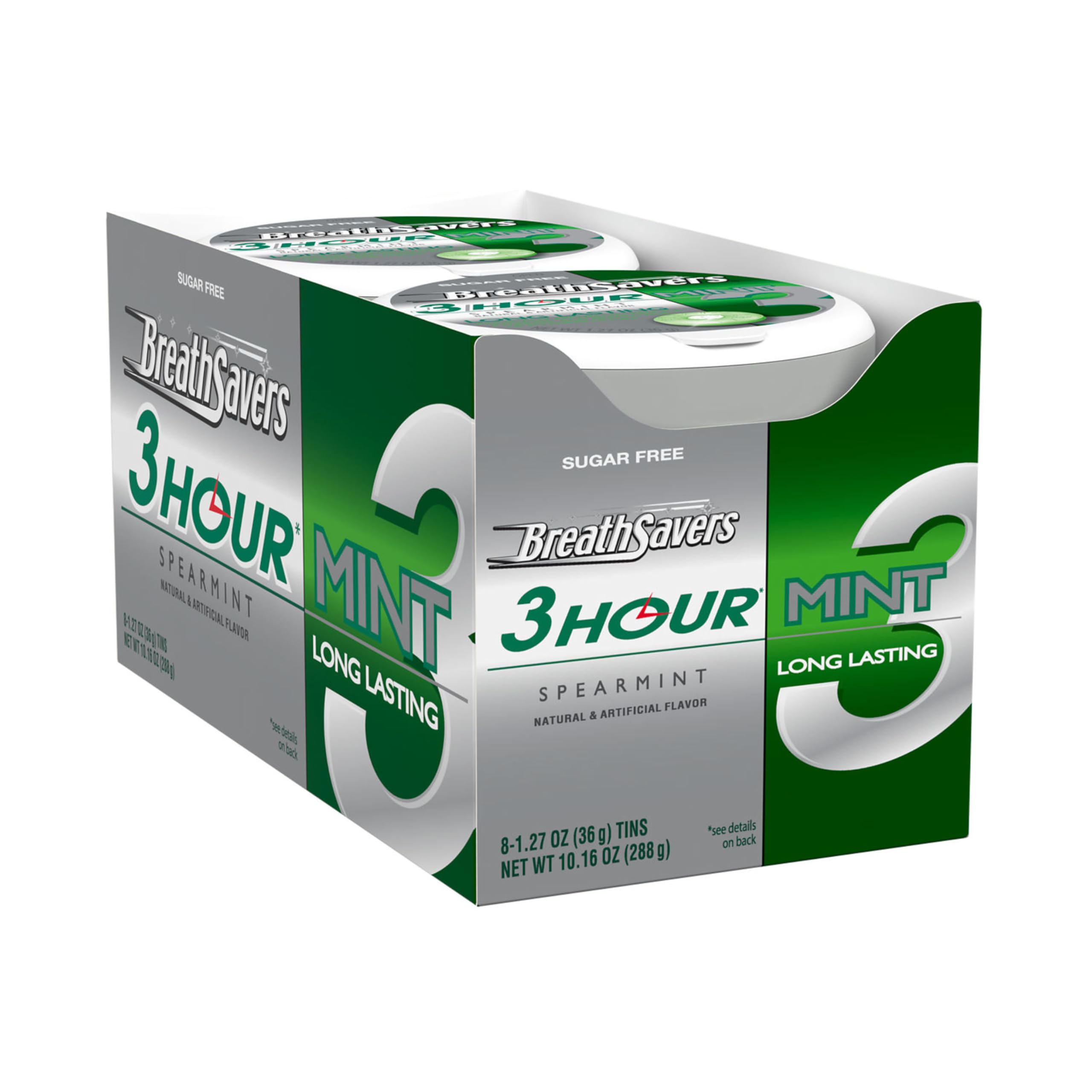 Breath Savers sugar-free mints tin highlights sugar-free mint for on-the-go freshness.