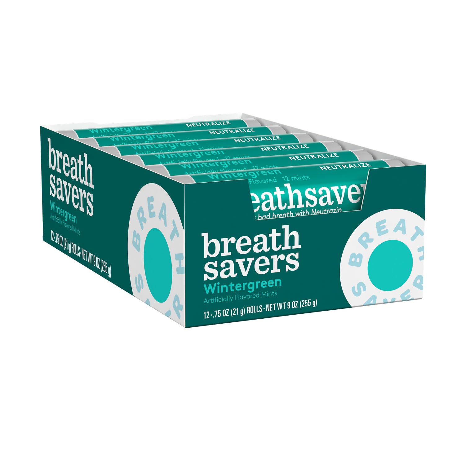 Breath Savers Wintergreen mints rolls close-up, individually wrapped for on-the-go use.