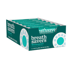 Breath Savers Wintergreen mints rolls close-up, individually wrapped for on-the-go use.